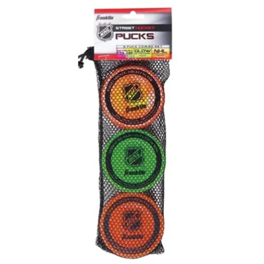 Franklin NHL Street Hockey Puck 3 Pack Combo Set Glow In The Dark Extreme Color